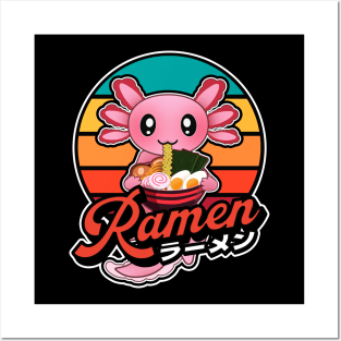 Cute Axolotl Eating Ramen Kawaii Retro Vintage 90s Vibes Posters and Art